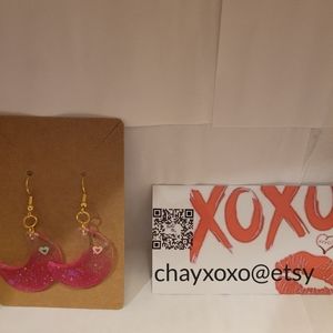 Pink glittery valentines heart moon earrings